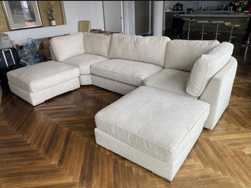 London boucle in ivory u shape sofa complete with footstool